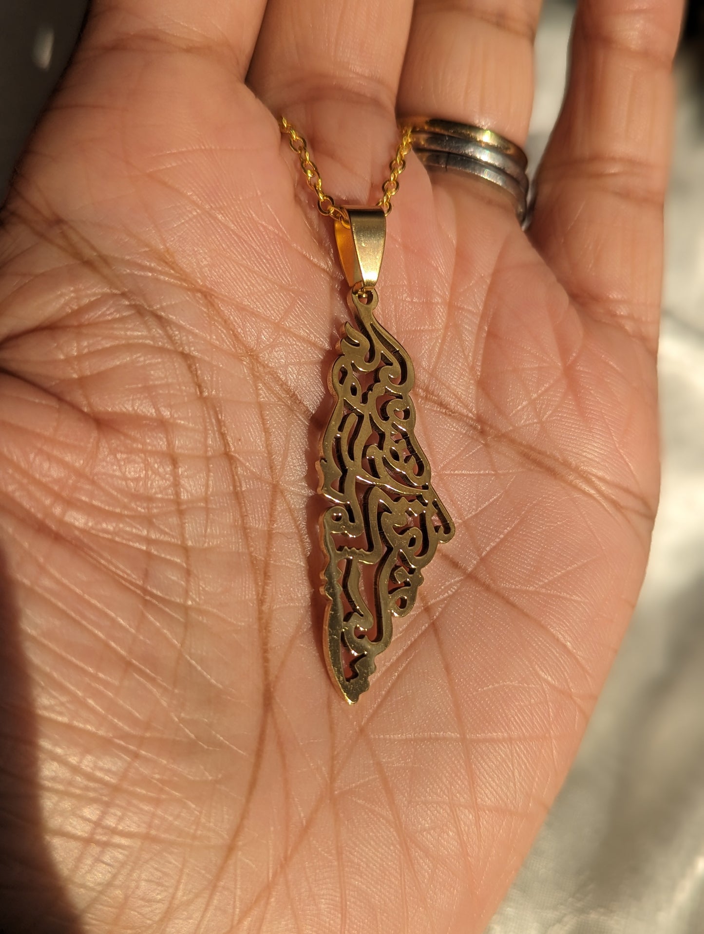 Palestine Calligraphy Necklace | Pendant | Arabic | Calligraphy | Falastin | Stainless Steel | Gold | Gaza