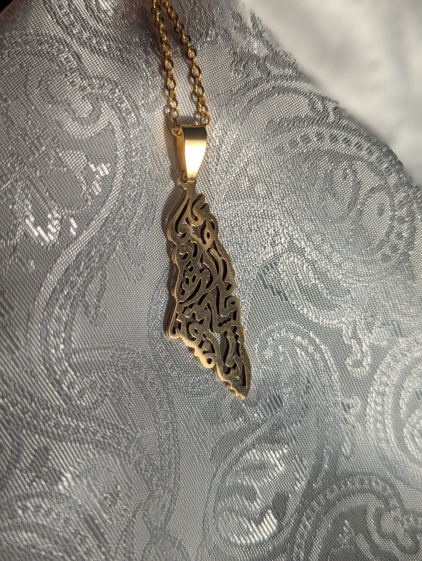 Palestine Calligraphy Necklace | Pendant | Arabic | Calligraphy | Falastin | Stainless Steel | Gold | Gaza