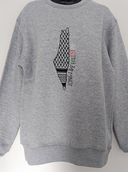 Embroidery | Keffiyeh Palestine Map | Grey Jumper | T-shirt | Chest | Unisex | Men | Women | Graphic